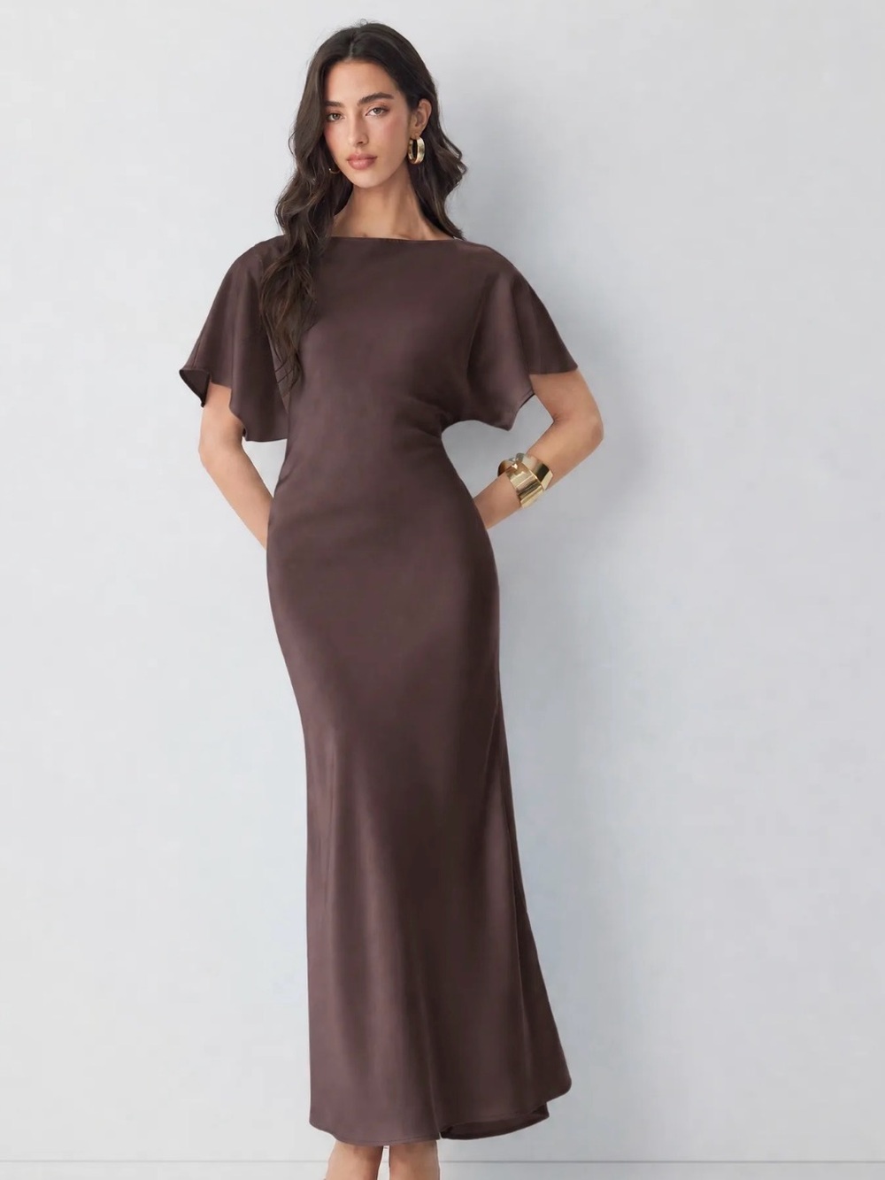Elegant Brown Satin Maxi Dress